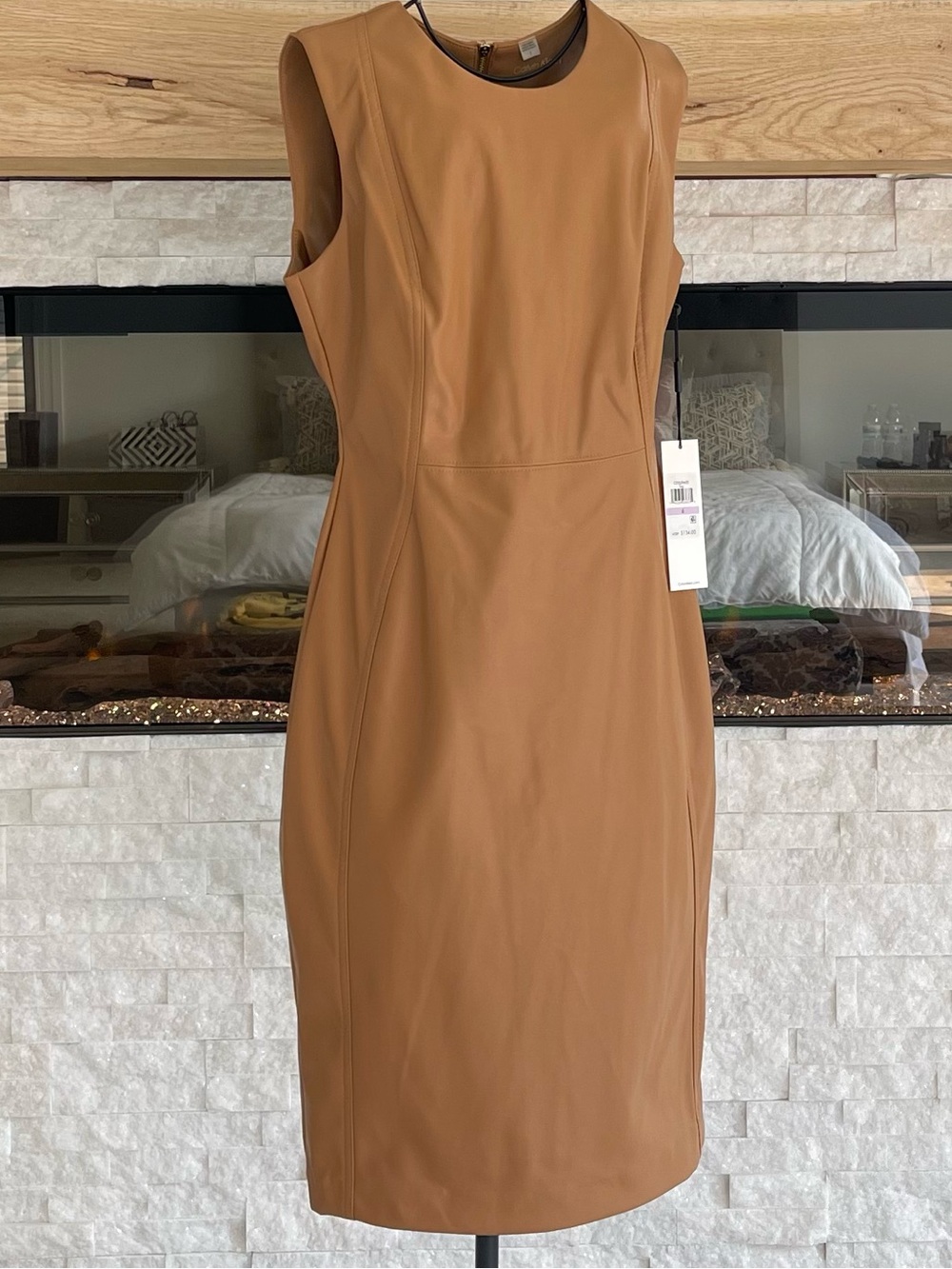 Calvin Klein Pleather Women's Sleeveless Dress in Camel